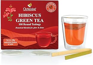 Octavius Hibiscus Green Tea – 100 Round Teabags | Tangy & Antioxidant-Rich | Glow & Detox Tea | No Staple, Glue, Tag | Bamboo Tong Included | Sustainable Packaging