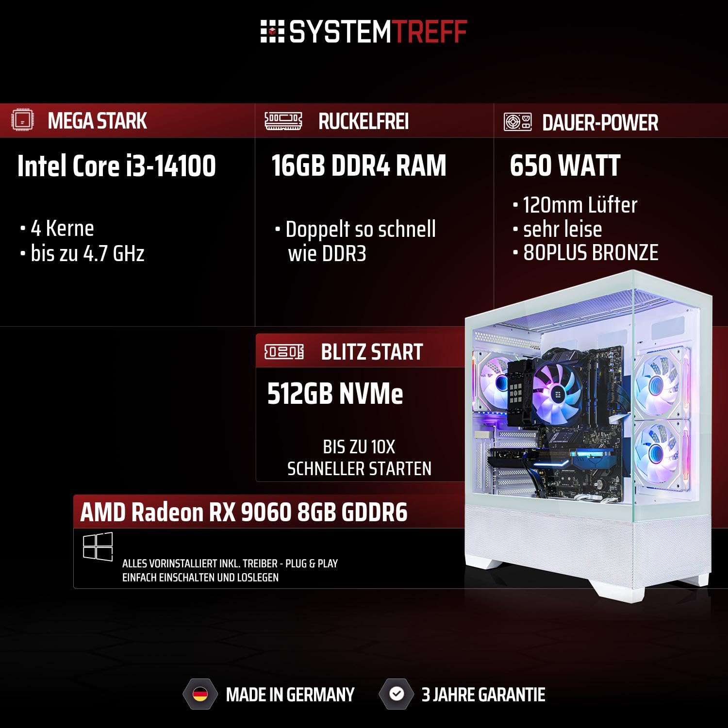 SYSTEMTREFF Basic Gaming PC Intel Core i3-14100 4x4.7GHz | Radeon RX 9060 8GB DX12 | 512GB M.2 NVMe | 16GB DDR4 RAM | Windows 11 | WLAN Desktop Computer Rechner für Gamer, Zocker