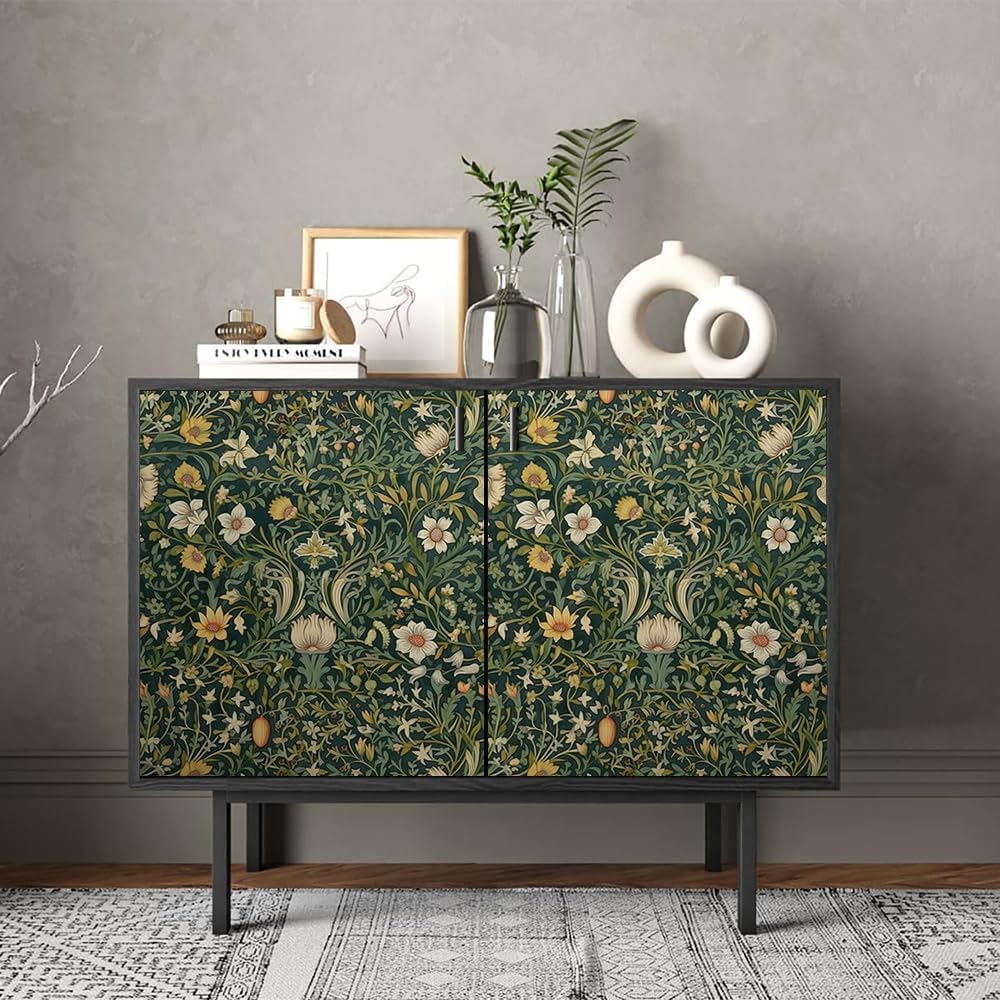 REDAMANCY White William Morris Yellow Flower Vintage Damask Green Leaf Plants Peel and Stick Wallpaper Stick on Contact Paper Vintage Wall Paper Easy Peel Off for nightstand Drawer Cabinet Renter
