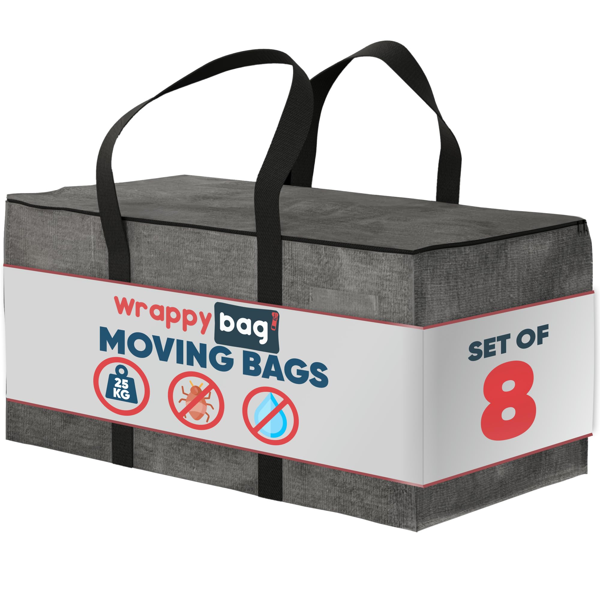 WRAPPYBAG Pack of 8 XXL Storage Bags – with transparent window - Packing bags for Moving House – Water-reppelent with Reinforced Handles – for Clothes & Bedding storage – 75 x 36 x 38 cm