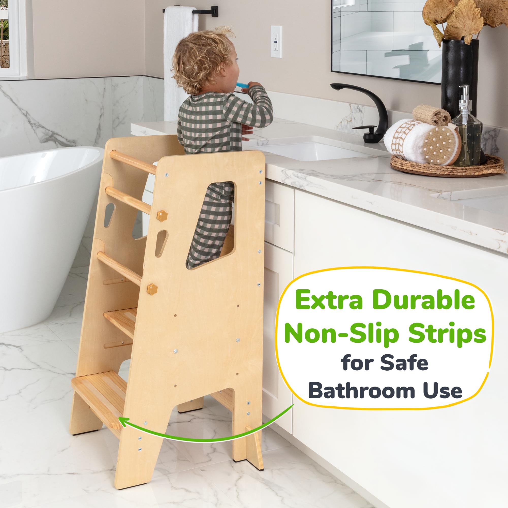 Toddler Standing Tower - Adjustable Height Toddler Kitchen Stool Helper - Ideal Kids Kitchen Step Stool for Learning New Skills - Updated Design with Safety Feet - Varnished