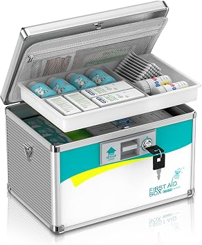 Glosen Medication Lock Box with Key, 2-Layer Medicine Lock Box with Meds Tray, Portable First Aid Box with Handle & Shoulder Strap for Home, Travel12x7.7x7.9Inch