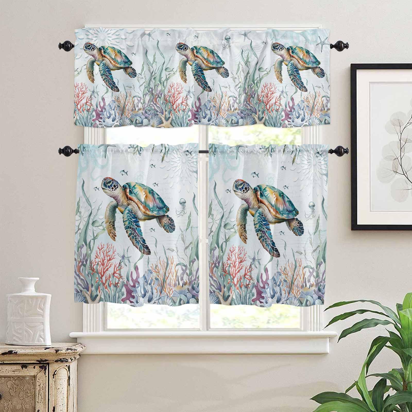 Sea Turtle Coastal Kitchen Curtains 36 Inch Length, 3 Piece Rod Pocket Small Half Tiers and Valance Set, Summer Beach Coral Ocean Seaweed Small Large Window Treatment Decor for Bedroom/Bathroom Sink