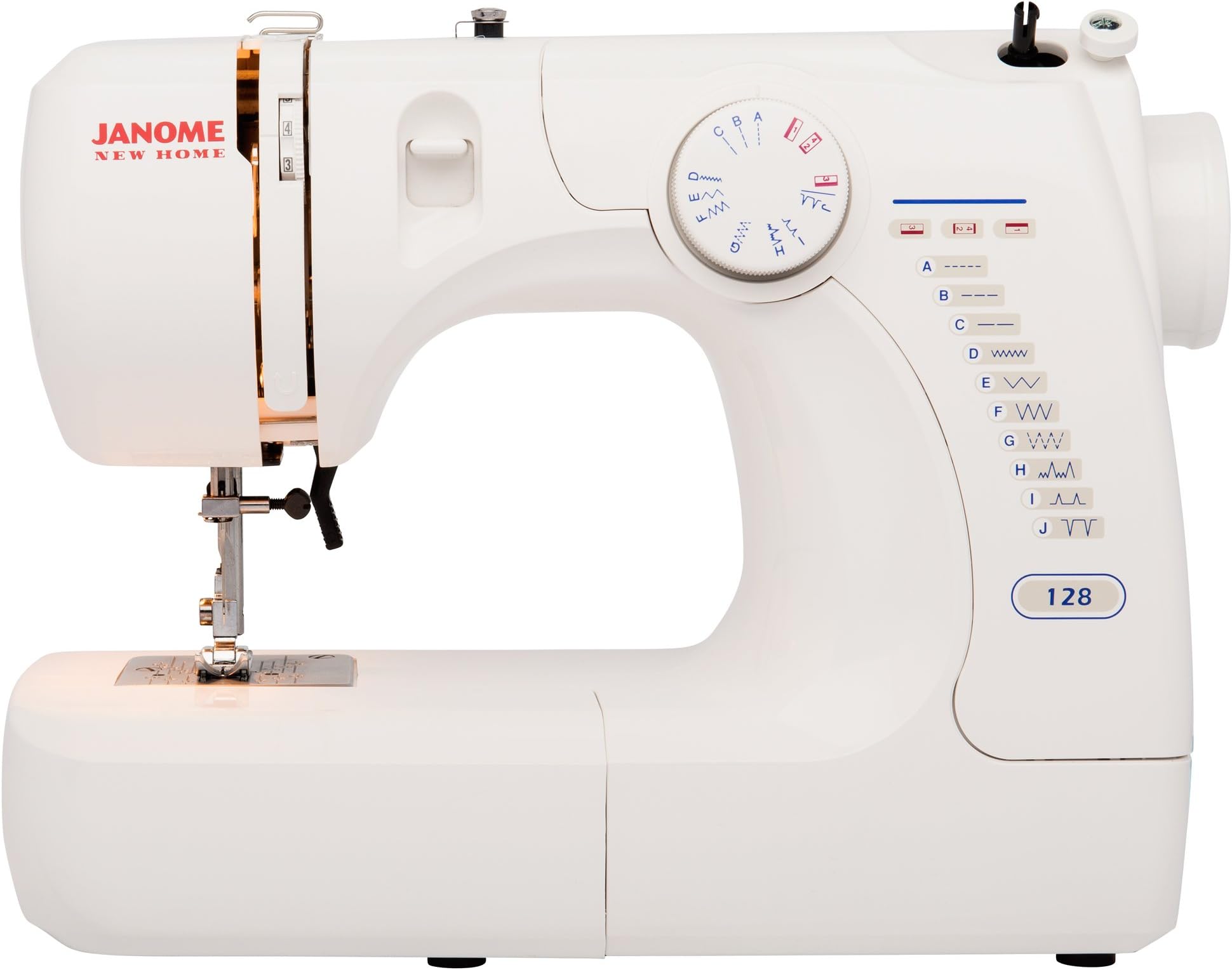 Janome Basic Easy-to-Use 128 Sewing Machine with Interior Metal Frame, Front Loading Bobbin, Compact and Portable
