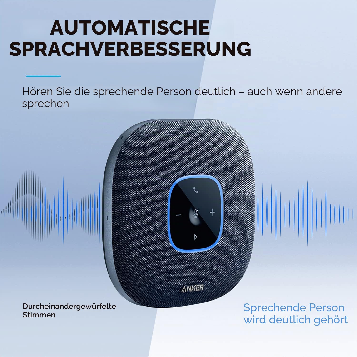 Anker PowerConf S3 Bluetooth-Freisprecheinrichtung mit sechs eingebauten Mikrofonen, verbesserte Tonaufnahme, 24 Stunden Anrufzeit, App-Steuerung, Bluetooth 5, USB-C (blau) (Generalüberholt)