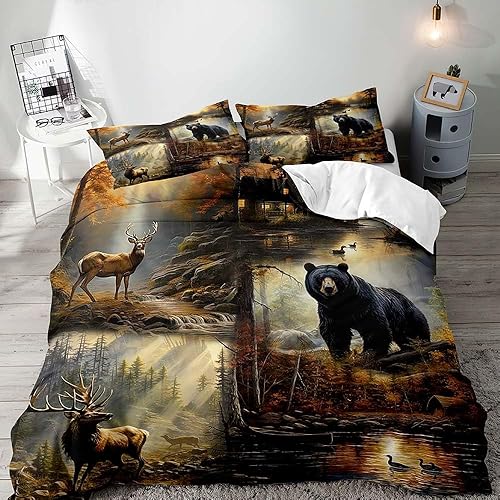VIVIHOME - Juego de ropa de cama de 2 piezas con diseño de oso negro y ciervo, animales del bosque, alce, vida silvestre, caza y cabaña, juego de