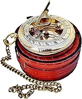 Vista 4 de Hermosa brújula de reloj de sol de latón con caja de cuero marrón y cadena Brújula abierta Camping Senderismo Steampunk Acabado de latón