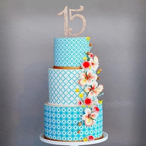 Miniatura 2 de Decoración para pastel de cumpleaños de 15 años de oro rosa, gemas brillantes de diamantes de imitación de cristal de primera calidad, monograma