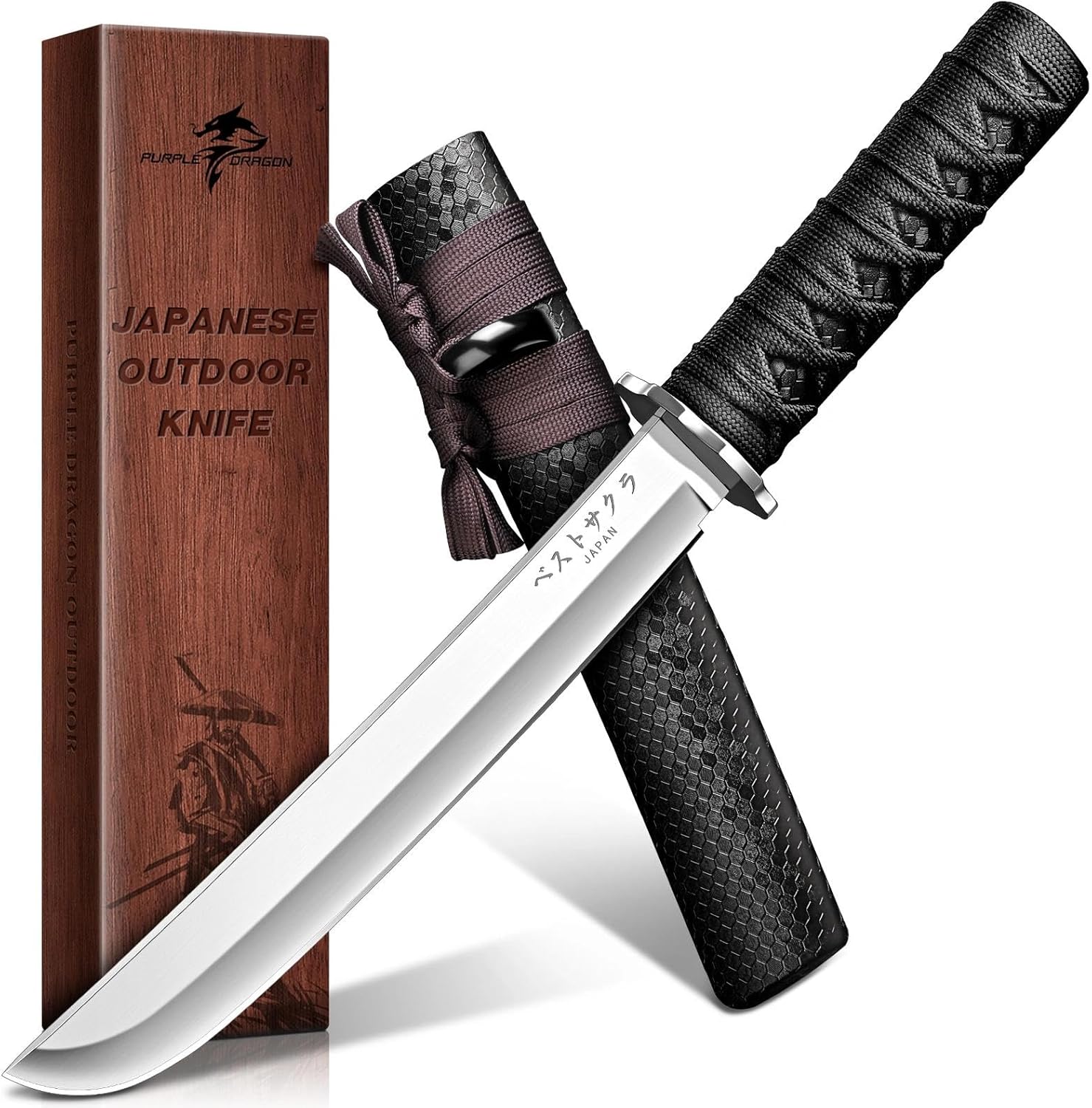 Purple Dragon Japanese Fixed Blade Knife - Forged from a Single Piece of D2 Steel - Samurai Knife with Wooden Sheath for Camping - Outdoor Gifts for Men