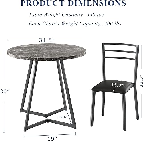 Miniatura 6 de VECELO juego de mesa de comedor redonda pequeña para 2, superficie de mesa de madera con estructura de metal resistente, comedor moderno con sillas