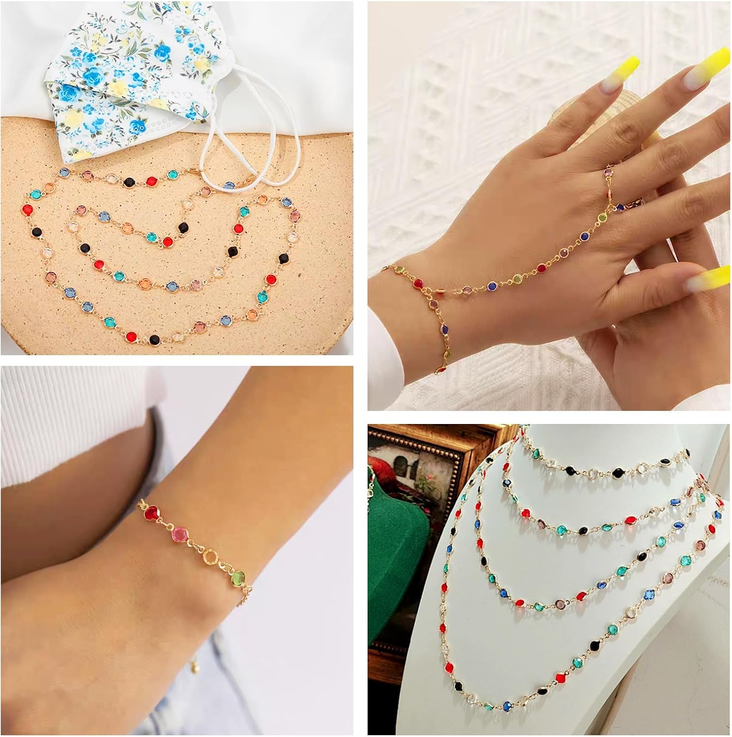 PH PandaHall Pandahall 16.4 Feet Rhinestone Jewelry Chains Colorful Glass Crystal Chains Gold Plated Brass Chains Handmade Flat Round Link Chains for Bracelet Necklace Jewelry Making - Image 4