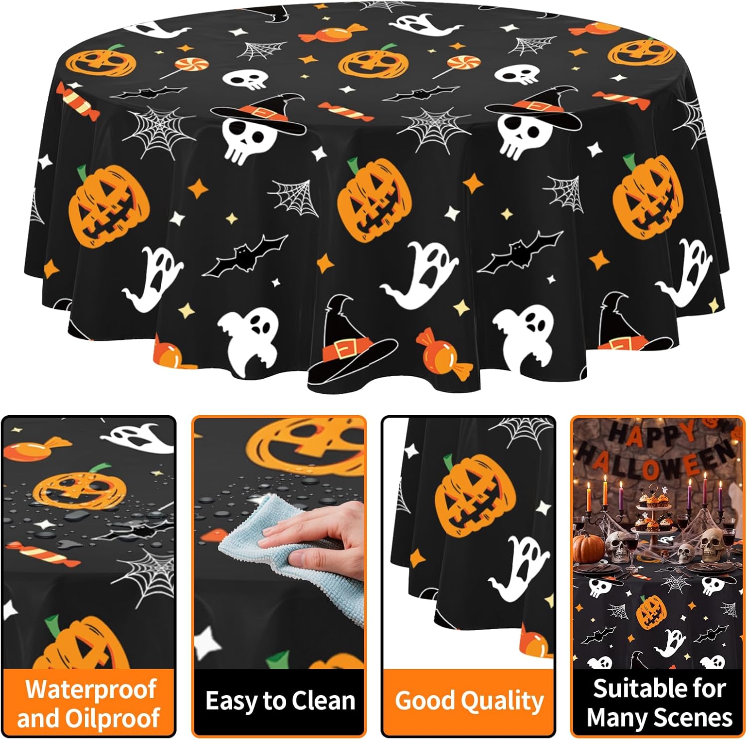 CXPSINC 4 Pack Halloween Tablecloth,84" Round Pumpkin Ghost Plastic Table Cloth Large Size Halloween Round Table Covers for Home Decor Halloween Party Decorations