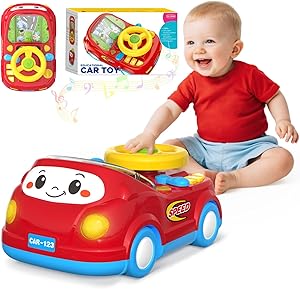 Toys for 1 Year Old Boy Gifts - 2-in-1 Toddler Push Car & Musical Racing Adventure Steering Wheel Driving Game, Interactive Simulated Driving Car for Baby 12-18 Months, Birthday Gift Ages 1-2, Red