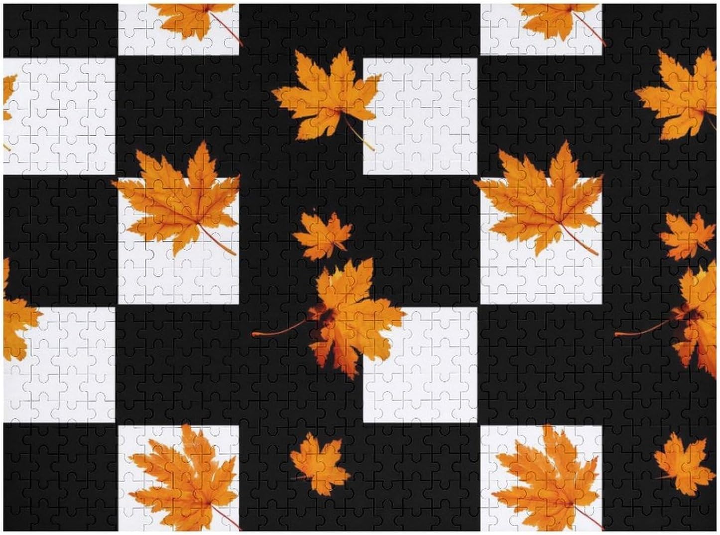 Black and White Checkered Maple Leaf Puzzles for Adults 500 PCS Wooden Jigsaw Puzzle Wall Decor Christmas