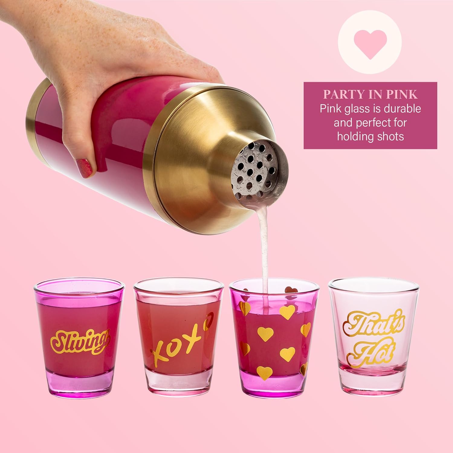 Paris Hilton 4-Piece Shot Glass Set, Fun Decals on Every Glass, 2-Ounce, Hot Pink and Light Pink - Image 4