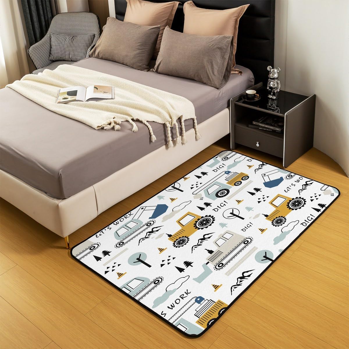 jejeloiu Construction Area Rug,Cartoon Equipment Trucks Decorative Carpet,Car Excavator Tractor Vehicles White Indoor Floor Mat,3x5