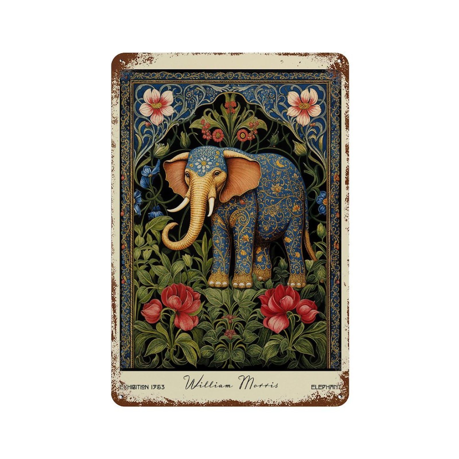 William Morris Elephant Floral 11.8"x7.9" Weathered Tin Sign, Shabby Chic Decor for Farmhouse, Kitchen And Entryway Decor