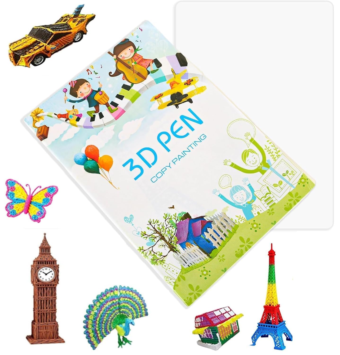 3D Drawing Book, 40 Pcs Reusable 3D Pencil Stencils with Clear Plate, Creative Models for Beginners and Craftsmen, Ideal DIY Gift