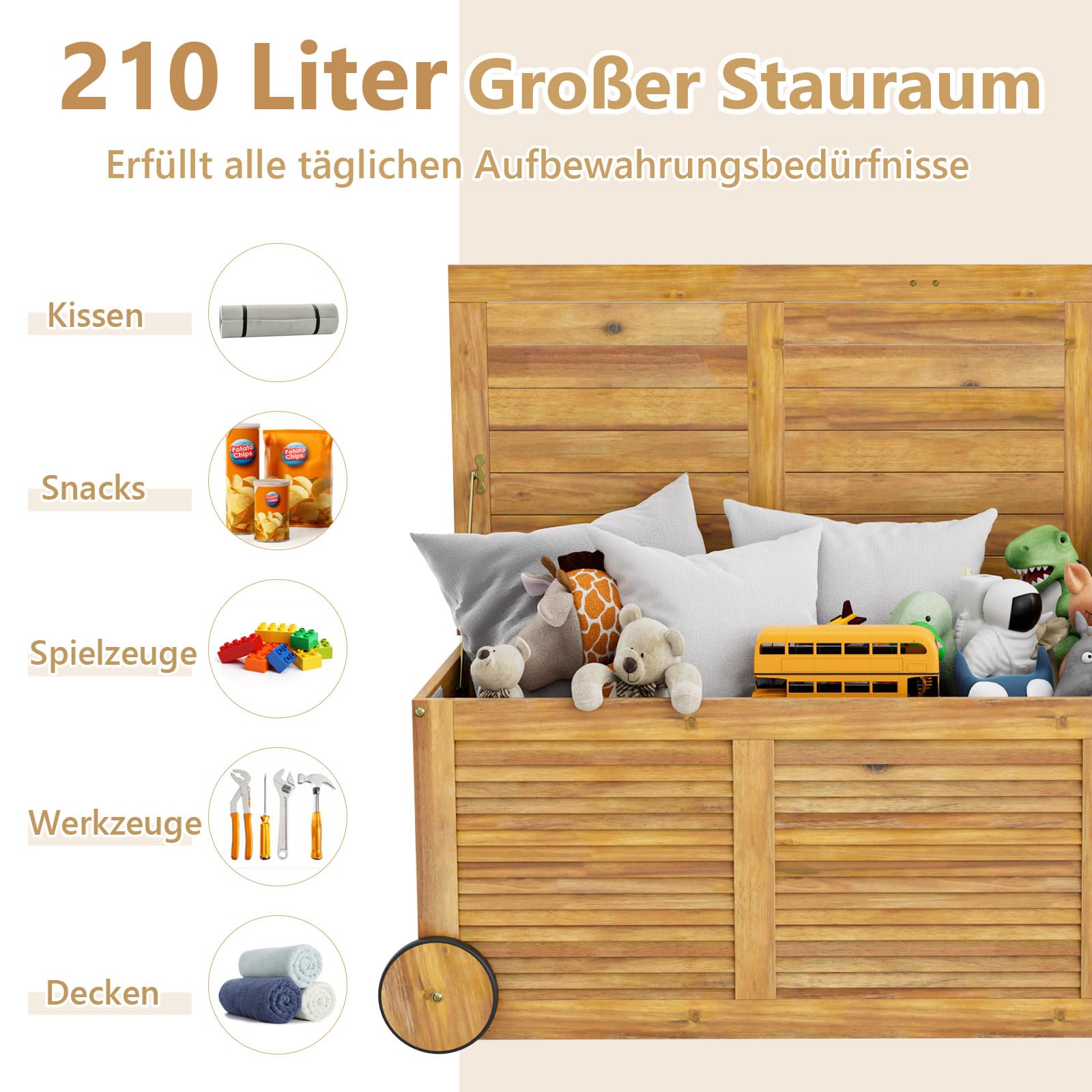 GIANTEX Gartenbox Holz Auflagenbox Gartentruhe Kissenbox Holzbox Garten | Wetterfest mit Abdeck- & Innenplane, Mobil mit Rollen & Griff, Aufbewahrungsbox Garten, Holztruhe Outdoor, für Gartenauflagen