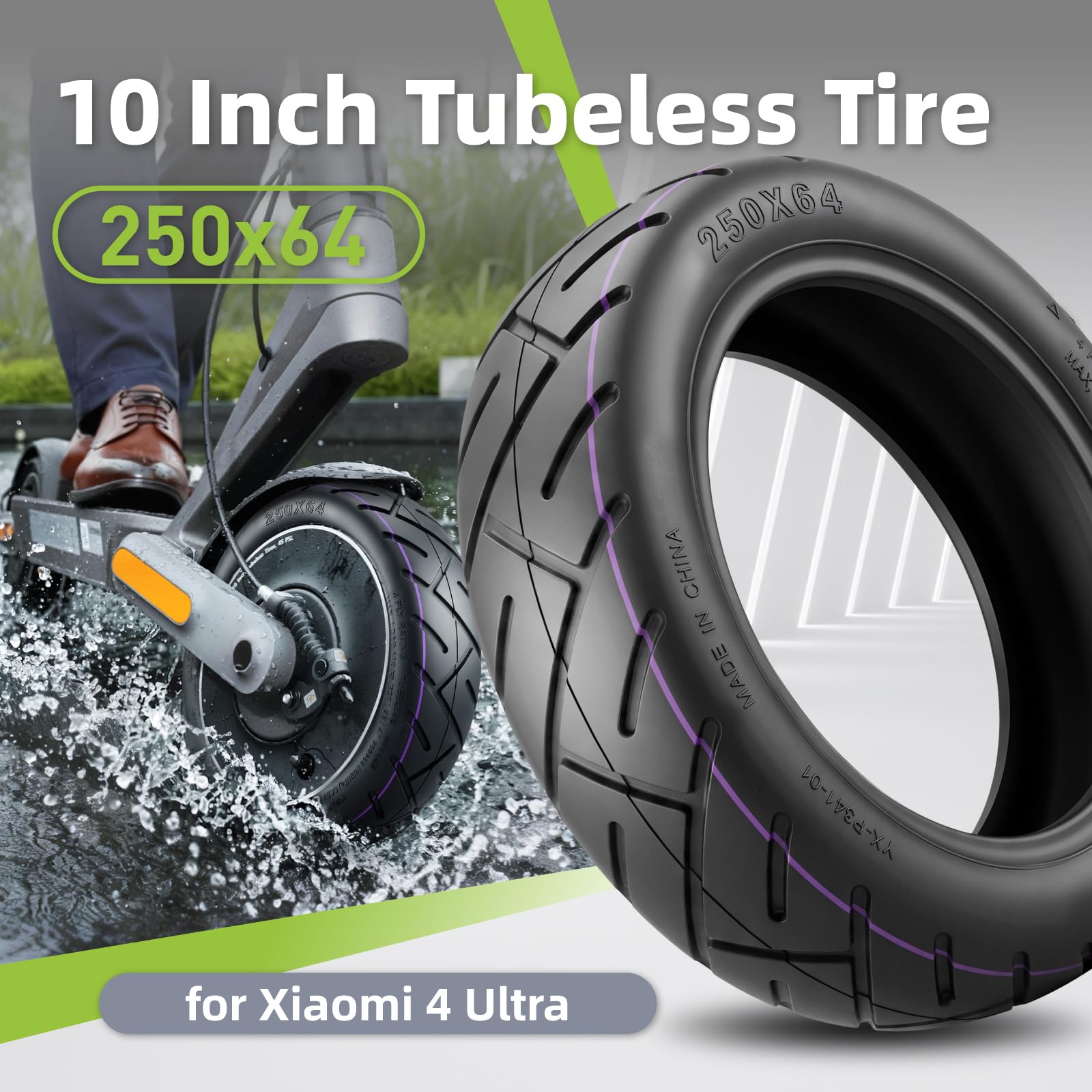 250 x 64 Pneumatici Tubeless per Xiaomi 4 Ultra monopattino elettrico pneumatici di ricambio da 10 pollici (Tubeless*2)