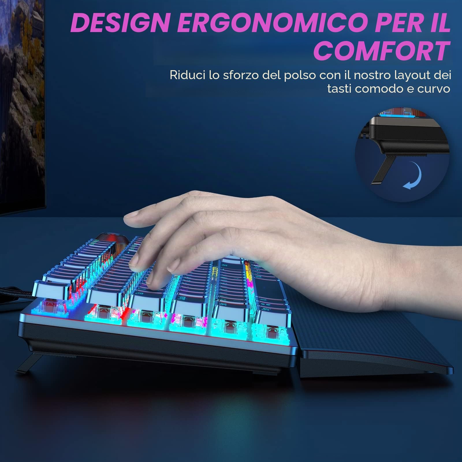 TECURS Tastiera meccanica da gioco con poggiapolsi magnetico e interruttori rossi, tastiera illuminata QWERTZ cablata, 105 tasti con anti-ghosting e manopola multimediale per PC/PS5/PS4
