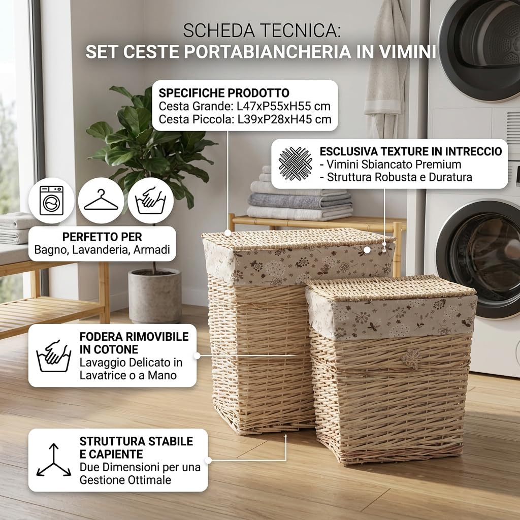 DiKasa Set 2 Ceste Portabiancheria Rettangolari in Vimini con Fodera Rimovibile Lavabile, Cesti per Biancheria Marrone Sbiancato Ecrù per Bagno e Lavanderia