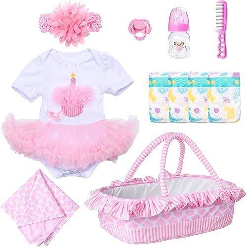 Ropa de muñeca Reborn de 11 piezas, vestido rosa para muñecas Reborn de 17 a 22 pulgadas, ropa de bebé niña, pañal, accesorios de cama suave