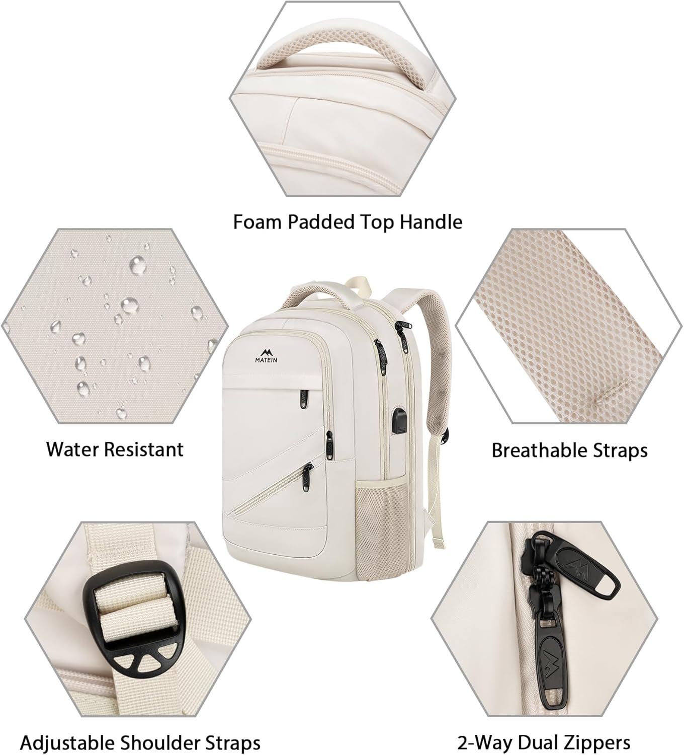 MATEIN Laptop Backpack Women Large Capacity, Travel Backpack TSA Approved with Luggage Strap & USB Port, Water Resistant Teacher College Bookbag Fits 17 Inch Computer, Stylish Beige Work Daypack - Image 7