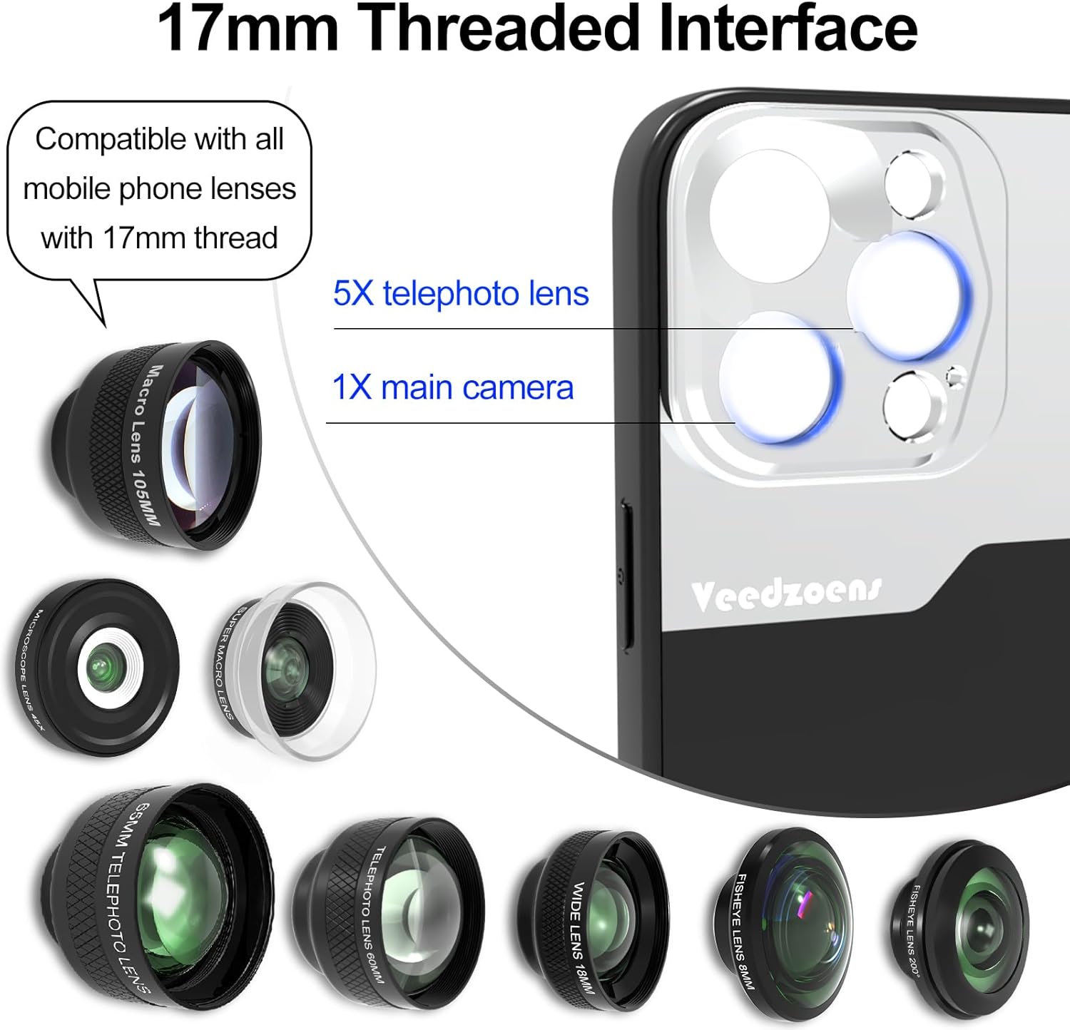 2X Telephoto Lens & Macro Lens with 17mm Thread Lens Phone Case for iPhone 16 Pro Max