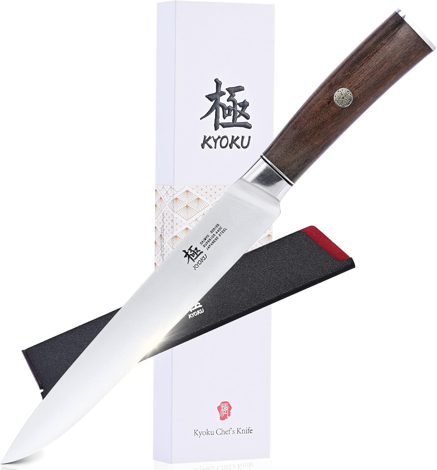 KYOKU 8 Inch Carving Knife – Daimyo Series – Meat and Fruit Slicing Knife with Ergonomic Rosewood Handle, & Mosaic Pin – Japanese 440C Stainless Steel Kitchen Knife with Sheath & Case KYOKU 8 Inch Carving Knife – Daimyo Series – Meat and Fruit Slicing Knife with Ergonomic Rosewood Handle, & Mosaic Pin – Japanese 440C Stainless Steel Kitchen Knife with Sheath & Case