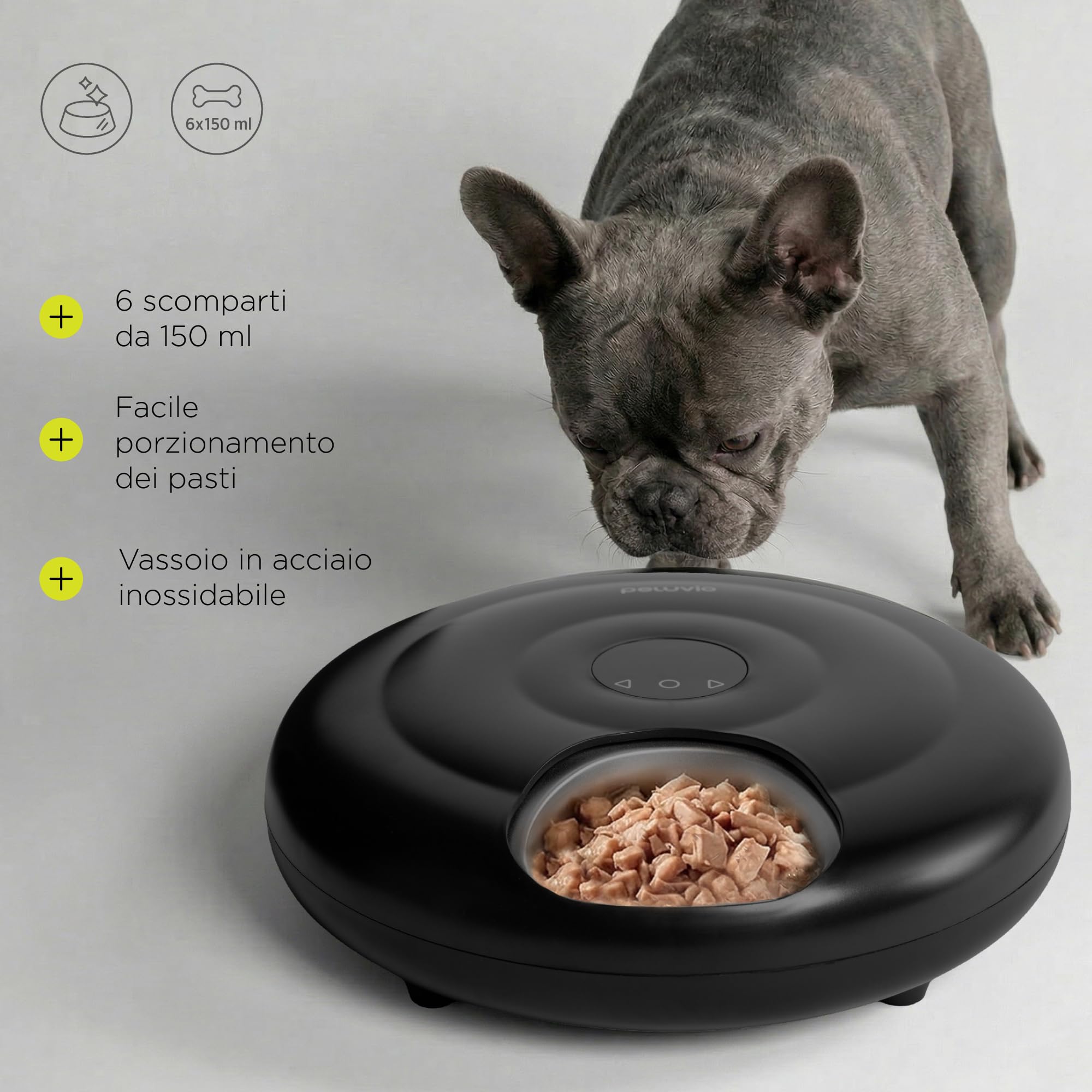 Nube Distributore automatico di cibo umido per cani con raffreddamento, ciotola in acciaio inox, controllo app, 6 scomparti da 150 ml, mangiatoia anti-jam, batteria 4000 mAh, USB-C (nero)