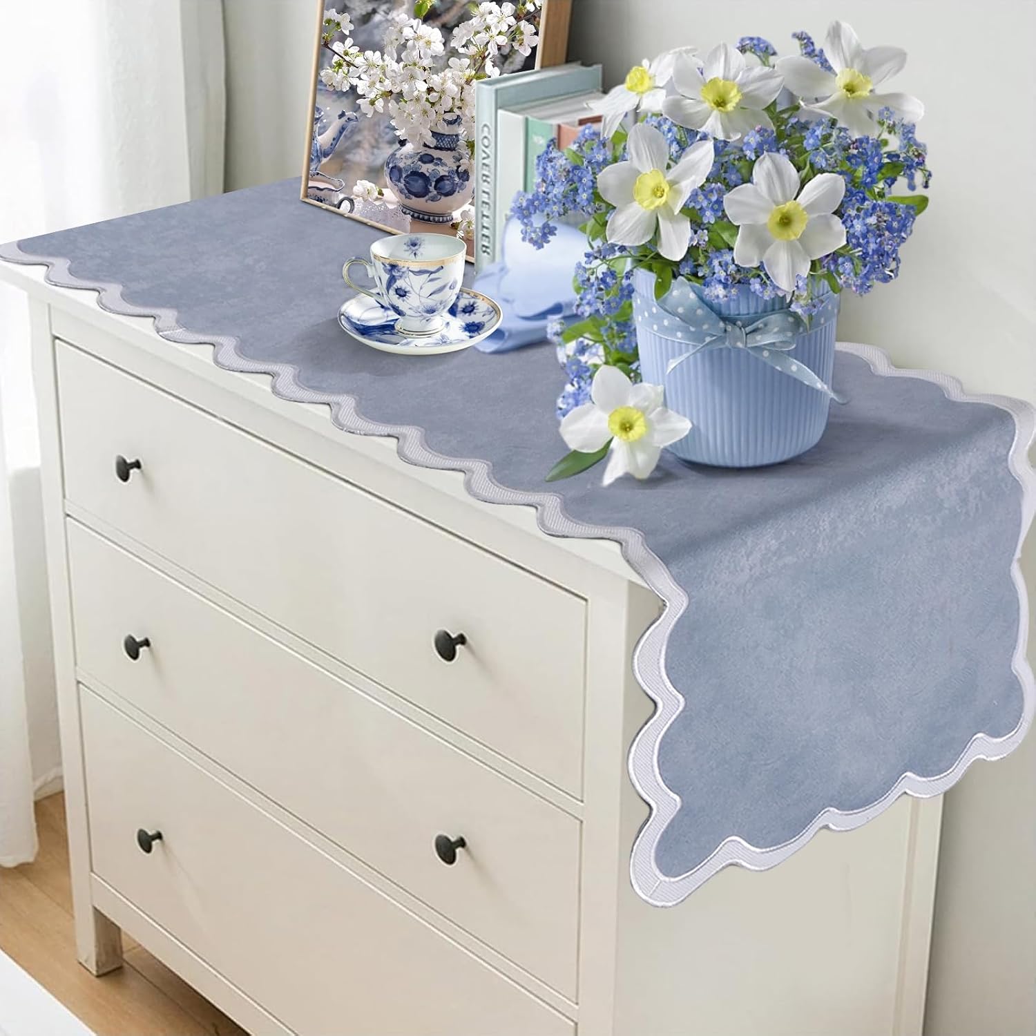 yuboo Small Dusty Blue Table Runner 15x36 Inch, Vintage Scalloped Coffee Table Cover Short, Farmhouse Dresser Scarf for Nightstand, End Table, French Country Summer Coastal Grand Millenial Home Decor