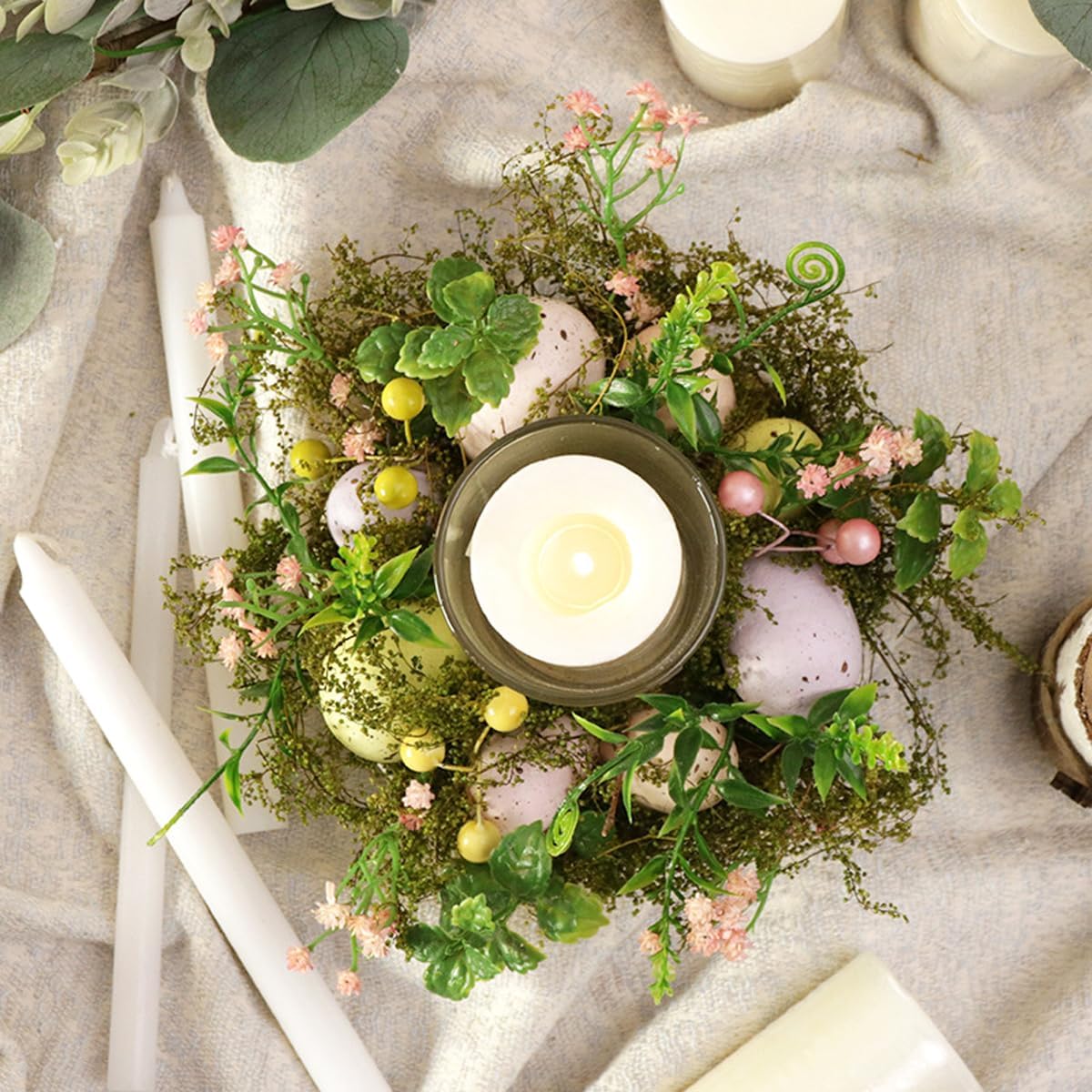 1pc 6” Easter Eggs Candle Glass Cups, Spring Artificial Flower Greenery Romantic Votive Tealight Candlestick Holder with Faux Plants Home Coffee Table Decor Centerpiece Indoor Easter Craft Gifts