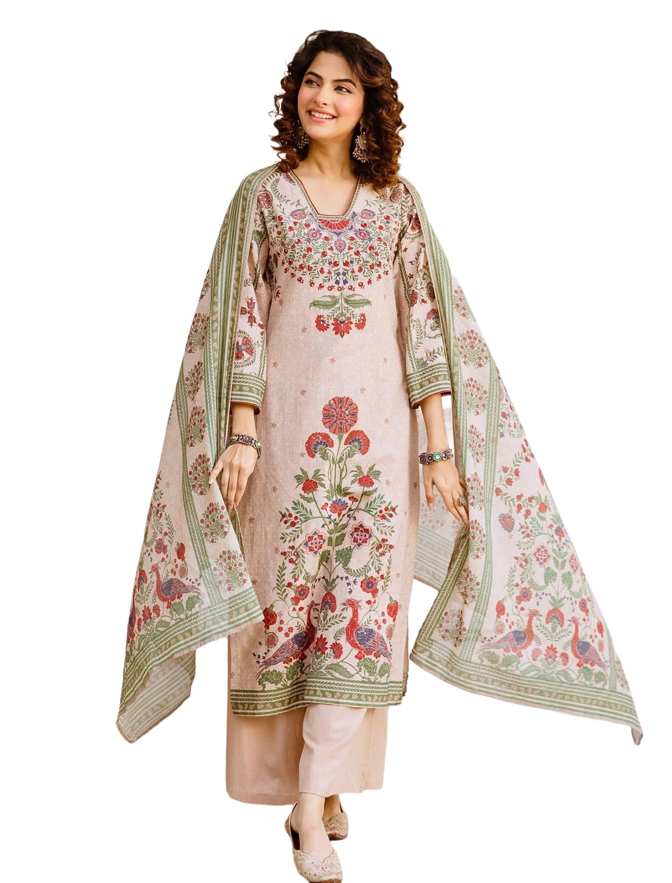 KLOSIA Women's Printed Straight Kurta and Pant with Dupatta Set (in, Alpha, XL, Standard, White)