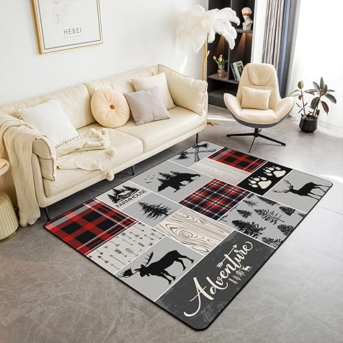 Alfombra rústica de retazos de 3 x 5 pies, alfombra antideslizante retro para niños, adolescentes, adultos, oso del bosque, ciervos, alfombra