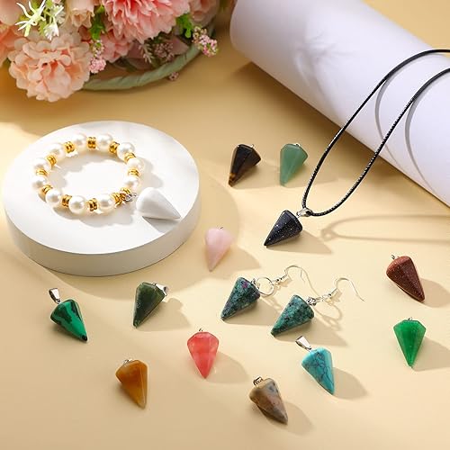 Miniatura 7 de 50 colgantes de cristal de péndulo de cono de piedra curativa para hacer joyas, bricolaje, collares, accesorios de brujería de adivinación, 25