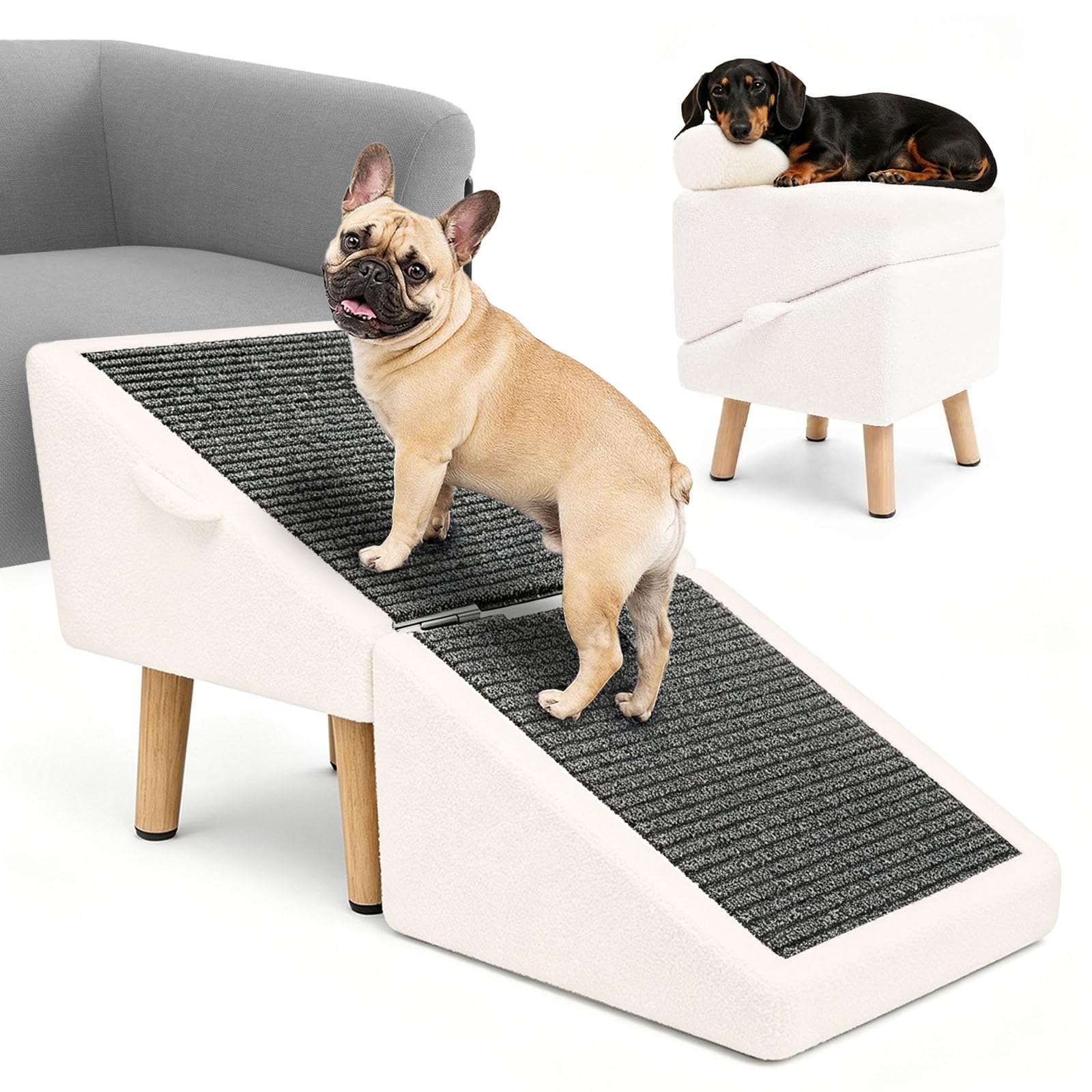 Photo 1 of 16" H Dog Stairs & Ramp for Small Dogs, 2-in-1 Foldable Wooden Dog Ramp for Low Bed and Couch, Non-Slip Split Ottoman Pet Ramp, Safe for Puppies, Senior, Injured Dogs, White
