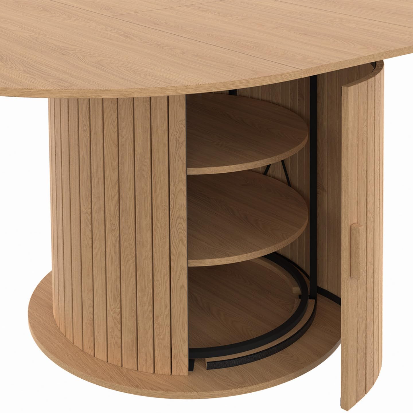 IDMarket - JULIETTE Tavolo da pranzo rotondo allungabile per 4-8 persone con gambe a doghe e contenitore 110-150 cm