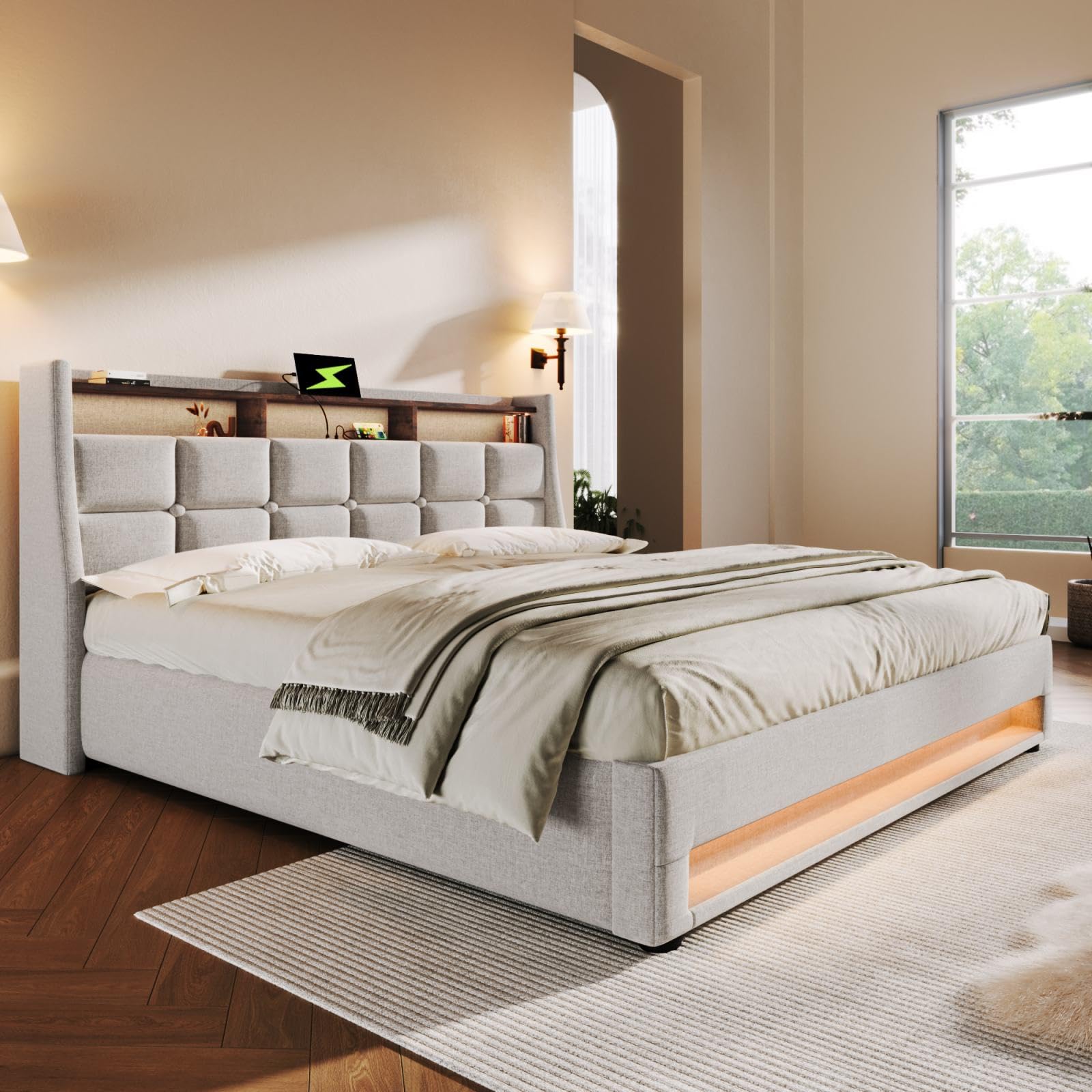 KOMHTOM Letto Matrimoniale Imbottito Con Contenitore E Luci LED (180x200 Cm) - Bianco, Pelle PU, Rete A Doghe In Legno, Senza Materasso - 2