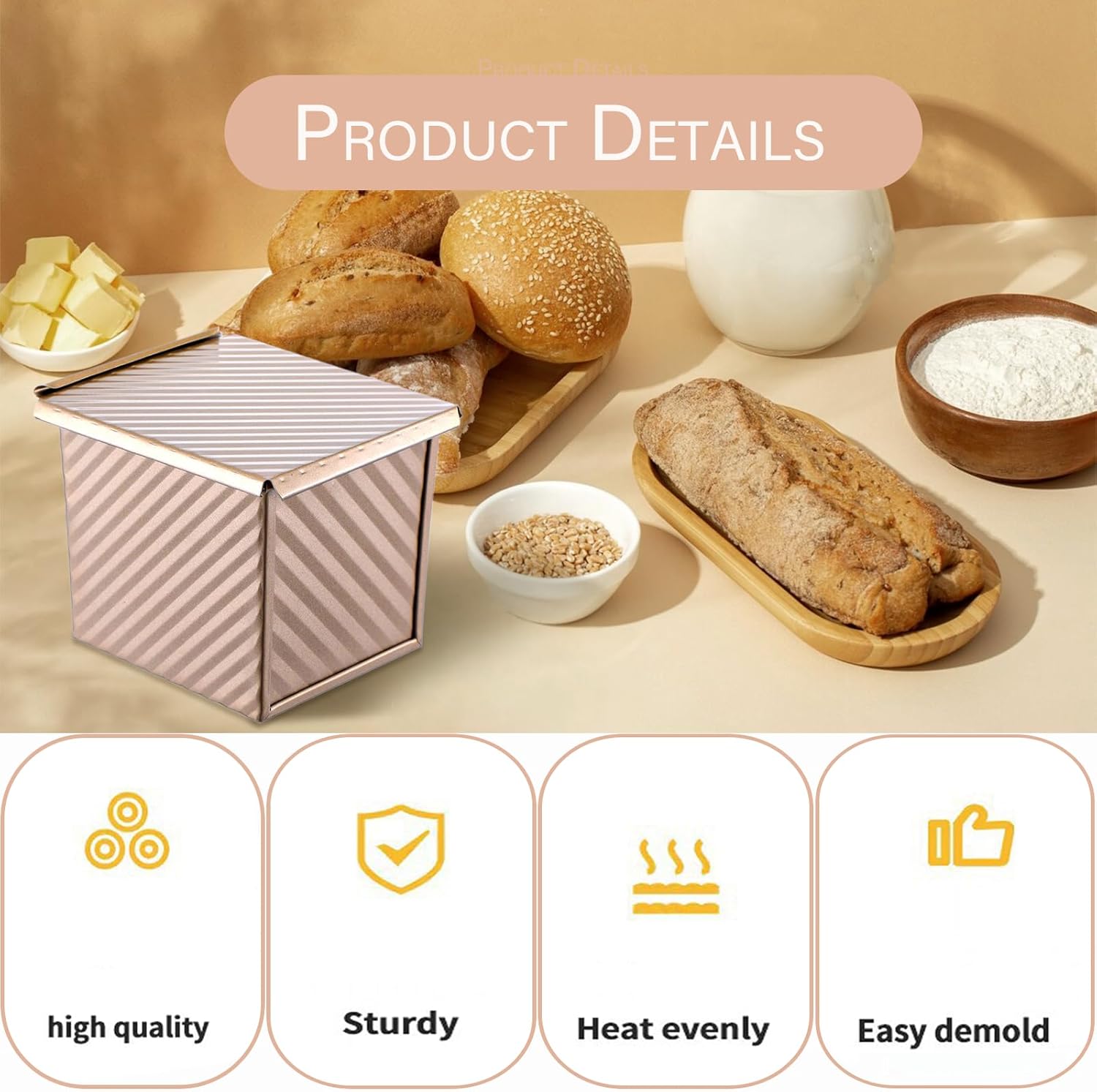 2 mini Pullman bread pans with lids, 0.55Lb non stick rectangular flat toaster box, 3.9x4.7x4.3 inches for oven baking (champagne gold) - Image 3
