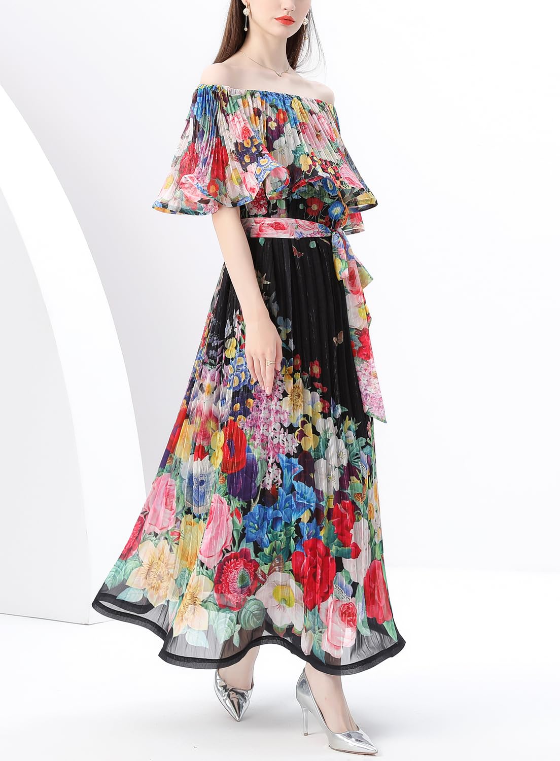 Elegante vestido largo con hombros descubiertos y estampado floral para mujer, para verano, casual, playa, vestido largo
