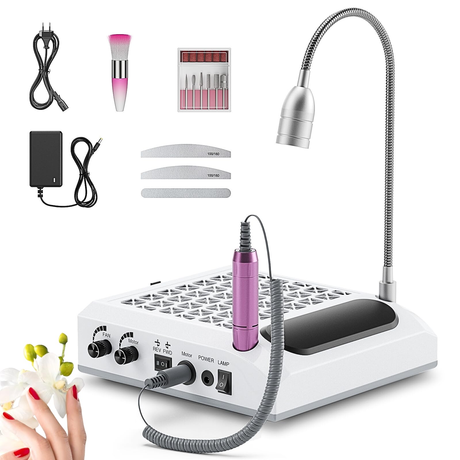 Fresa elettrica per unghie 4 in 1, aspiratore professionale per polvere da 30.000 giri/min, potente aspiratore da 80 W, luce LED girevole da 6 W, silenzioso, con 3 lime per salone (White)