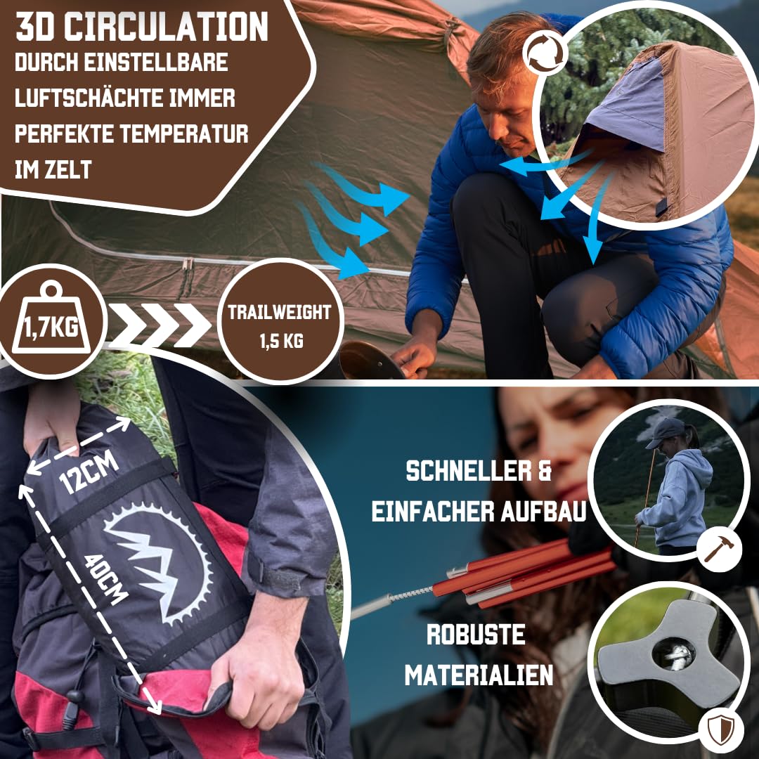 Tienda GOALPINE® para 1 y 2 Personas Grandes | Impermeable 4000 mm | tamaño de Paquete pequeño | para Senderismo, excursiones de montaña y Ciclismo | Ultraligero | 4 Estaciones | construcción rápida