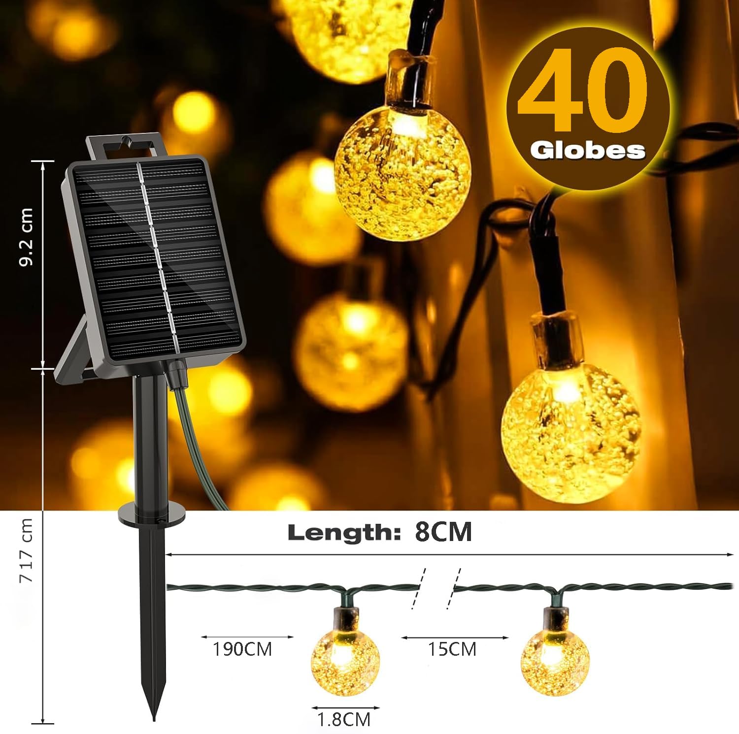 BG9D Guirlande lumineuse solaire d'extérieur, 8m 40 LED boules de cristal, 8 modes, fonction mémoire, étanche IP65, pour jardin, terrasse, balcon, mariage, blanc chaud - 3