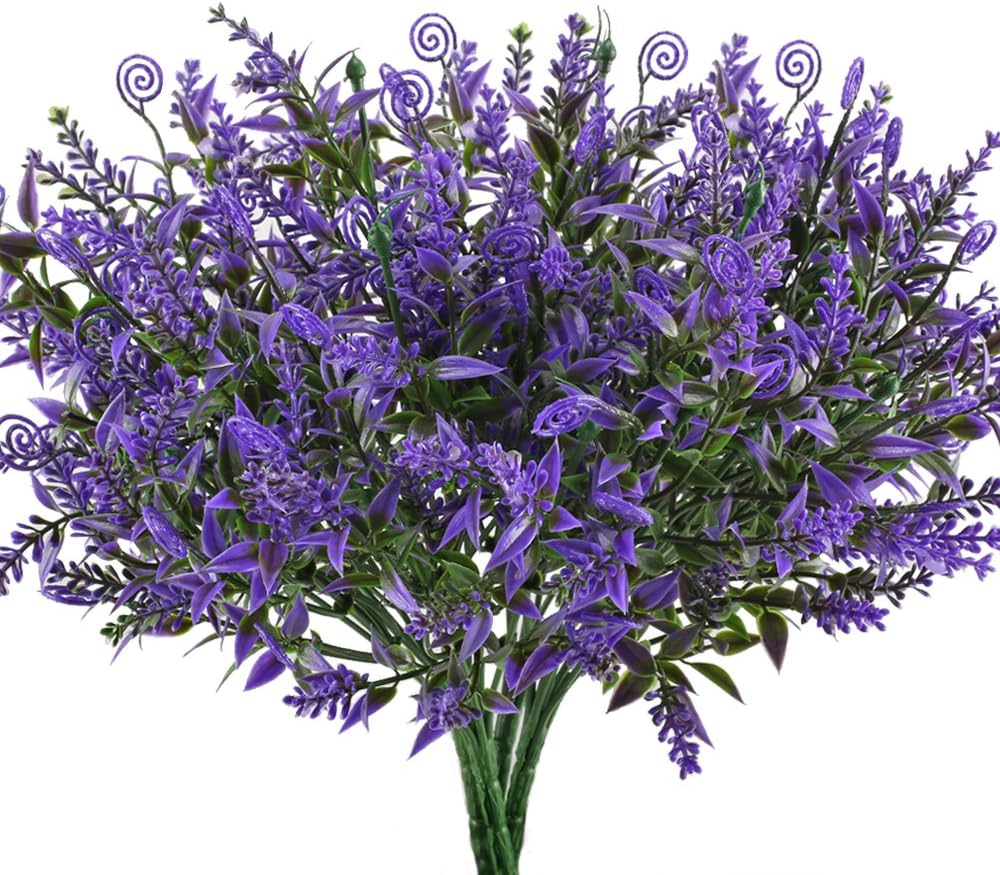 Artificial Fake Plants, 4pcs Faux Greenery Ferns Lavender Shrubs Simulation UV Resistant Plastic Bushes Indoor Outside Planter Cemetery Flowers Decor Purple