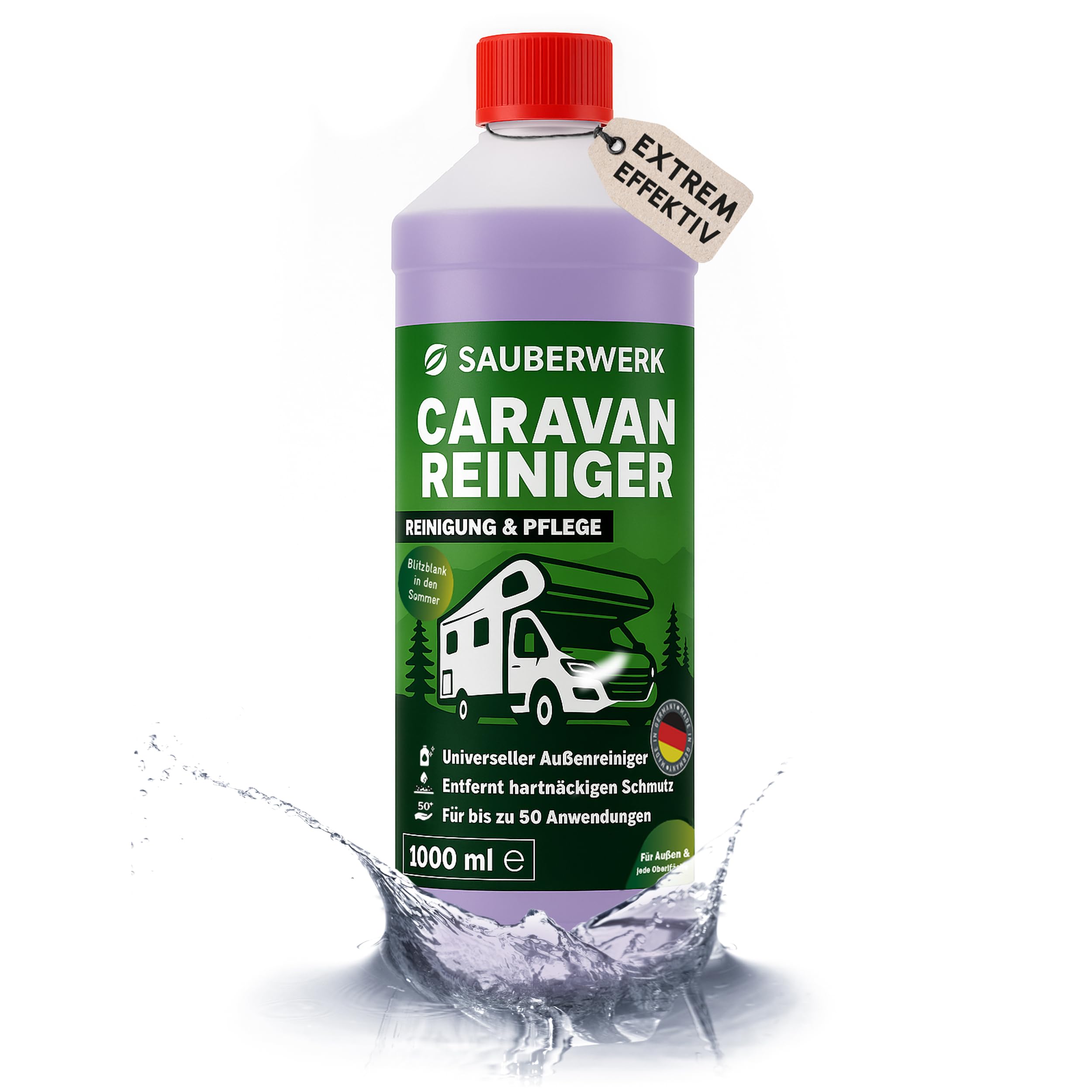 SauberWerk® - Profi Wohnwagen & Wohnmobil Reiniger für Aussen (1L Konzentrat) inkl. Versiegelung - Caravan-Reinigungsmittel & Reiniger (hochwirksam) - WoMo, WoWa & Boot Reinigung für 50 Anwendungen