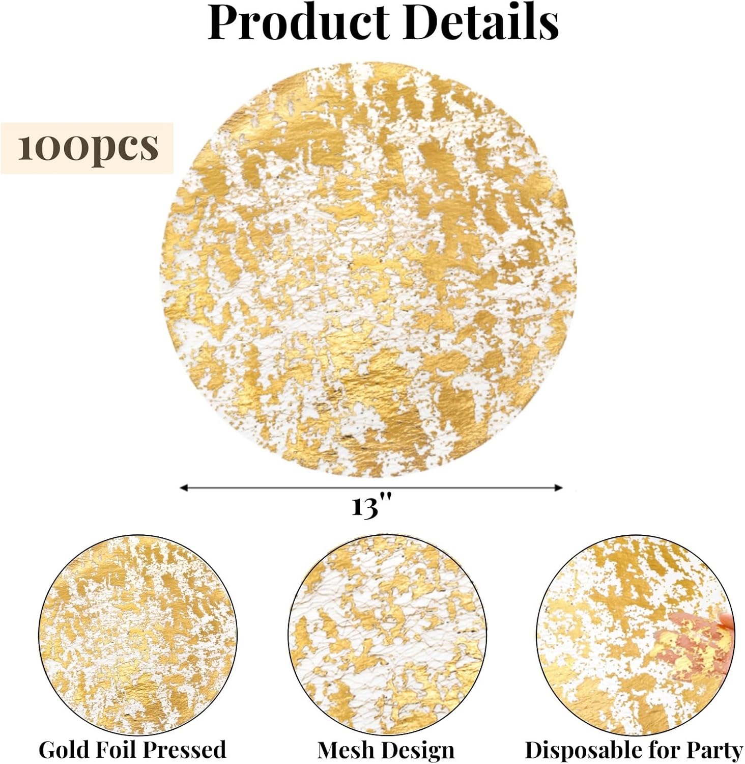 50 Pieces Gold Placemats, 13 Inch Disposable Round Foil Table Mats Bulk, Metallic Mesh Pressed Table Doilies Runners for Home Decor, Dining Table, Birthday Party, Wedding