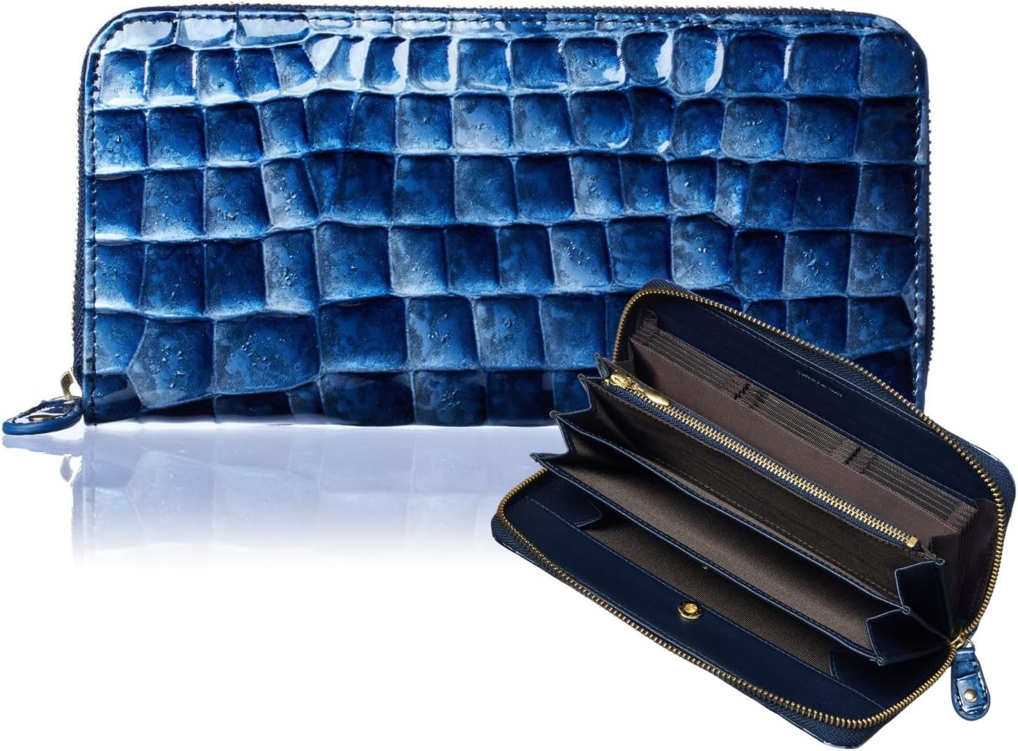 VOICE Women's Long Wallets, Italian cowhide, Beautiful hand painted, Easy access card pocket, Gift Boxed (Navy)