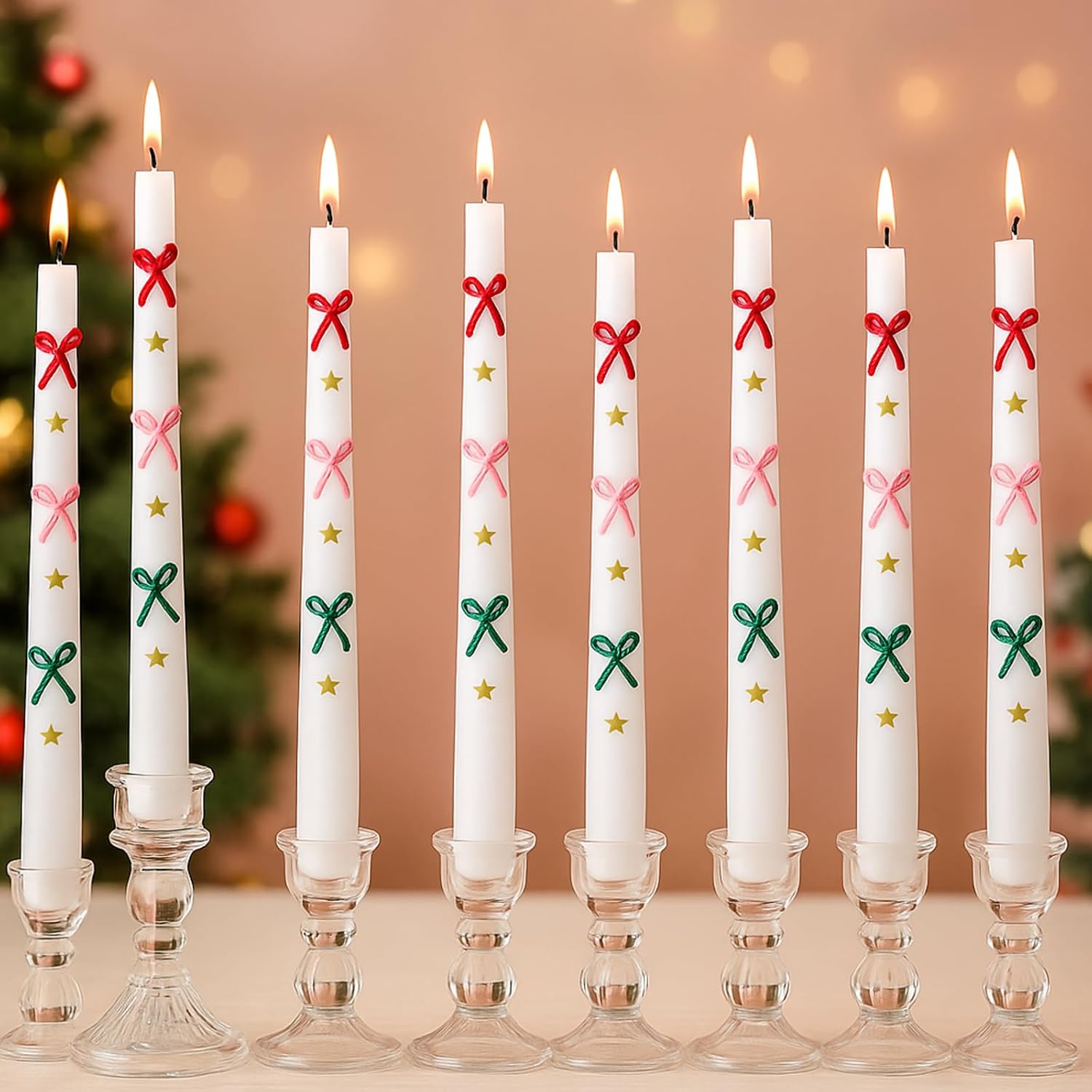 Nuanchu 4 Pcs 10 Inch Christmas Taper Candles with Bow Dinner Table Decor