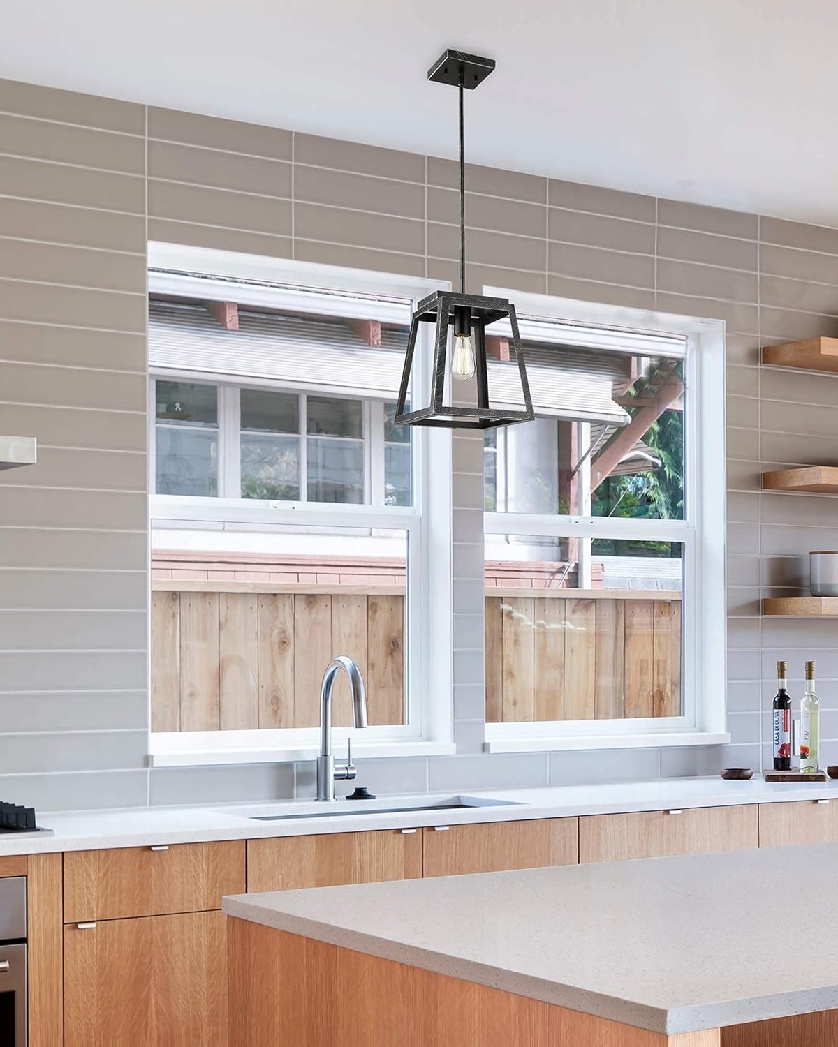 Super Brands EAPUDUN Farmhouse Pendant Light, 1-Light Metal Wire Cage Hanging Lantern for Kitchen Island, Silver Hand-Brush Finish, PDA1294-FBGT